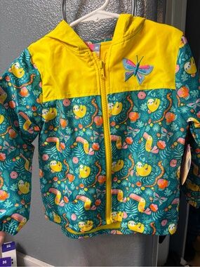 Kids Teal and Yellow Hooded Rain Jacket with Butterfly Detail